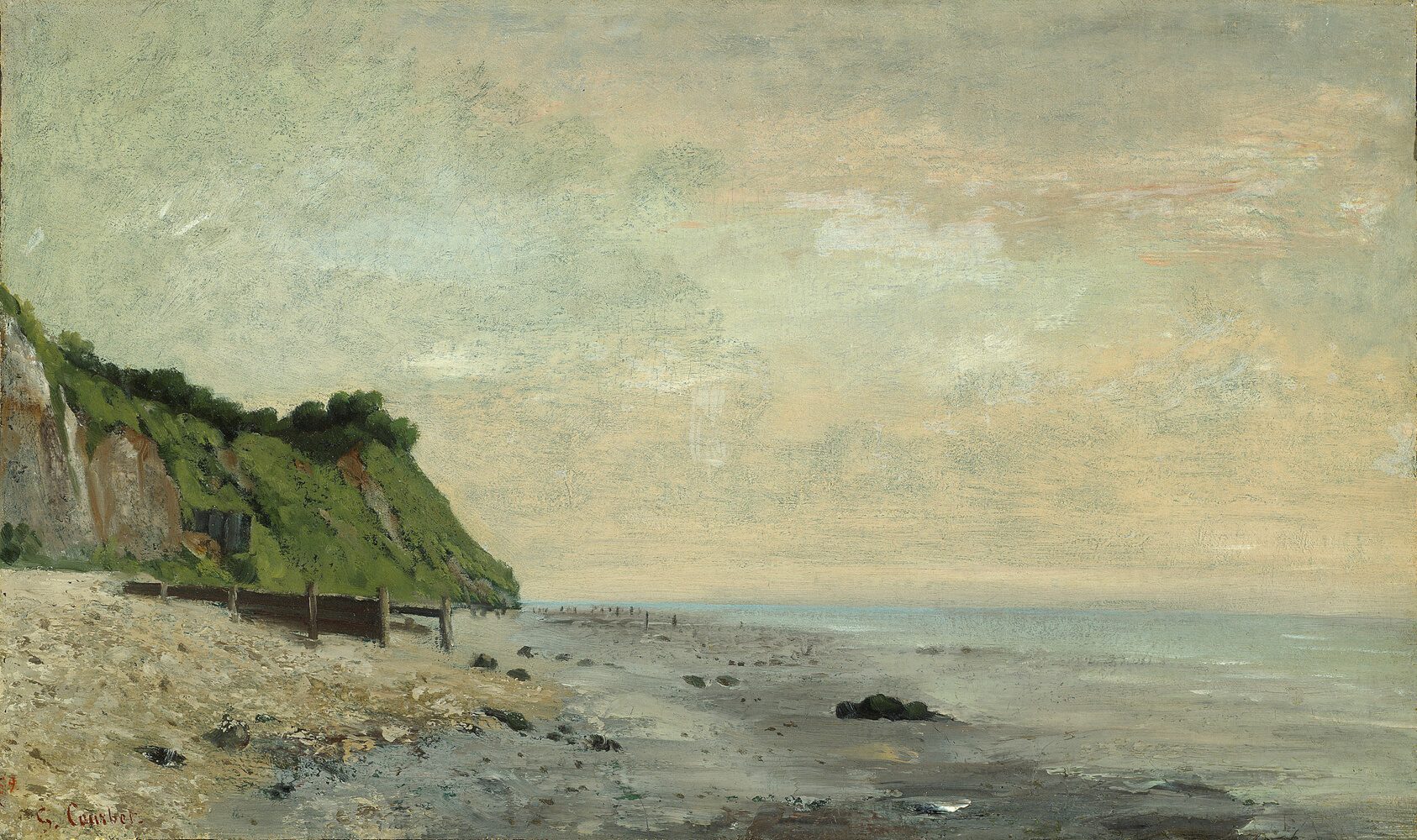 Cliffs on the Sea Coast: Small Beach, Sunrise (Falaise au bord de la mer, vu Petite Plage, soleil levant), painting by Gustave Courbet, 1865