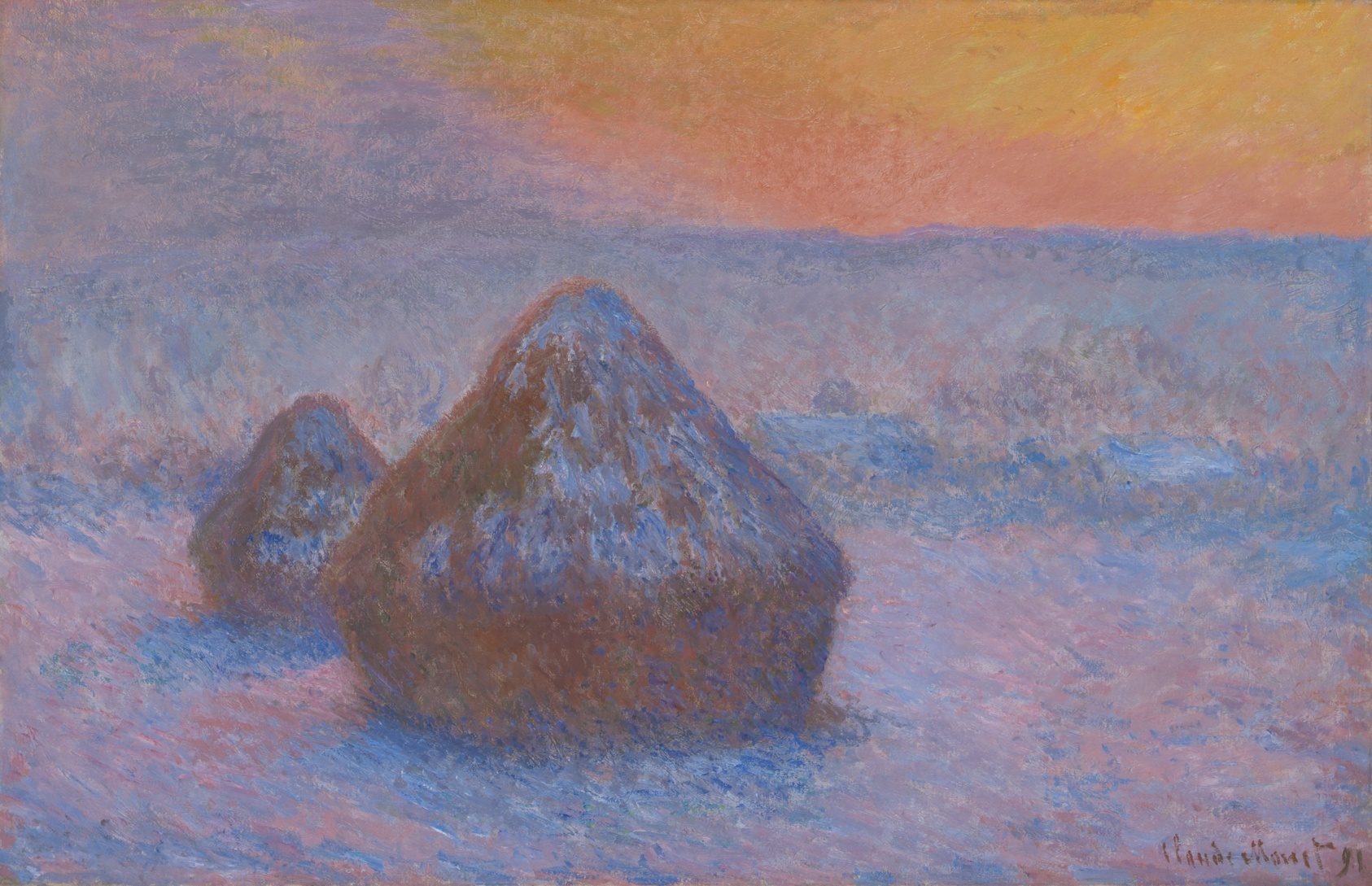 Stacks of Wheat (Sunset, Snow Effect), painting by Claude Monet, 1890–91