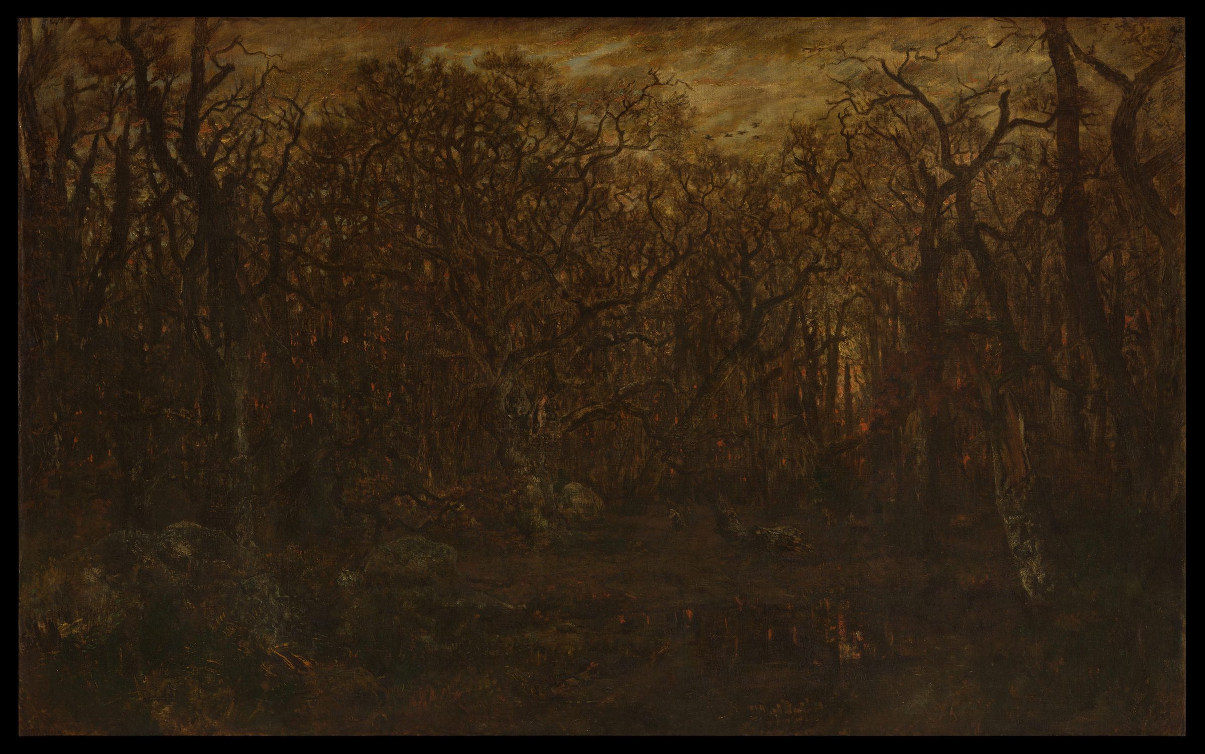 The Forest in Winter at Sunset, painting by Théodore Rousseau, ca. 1846–67